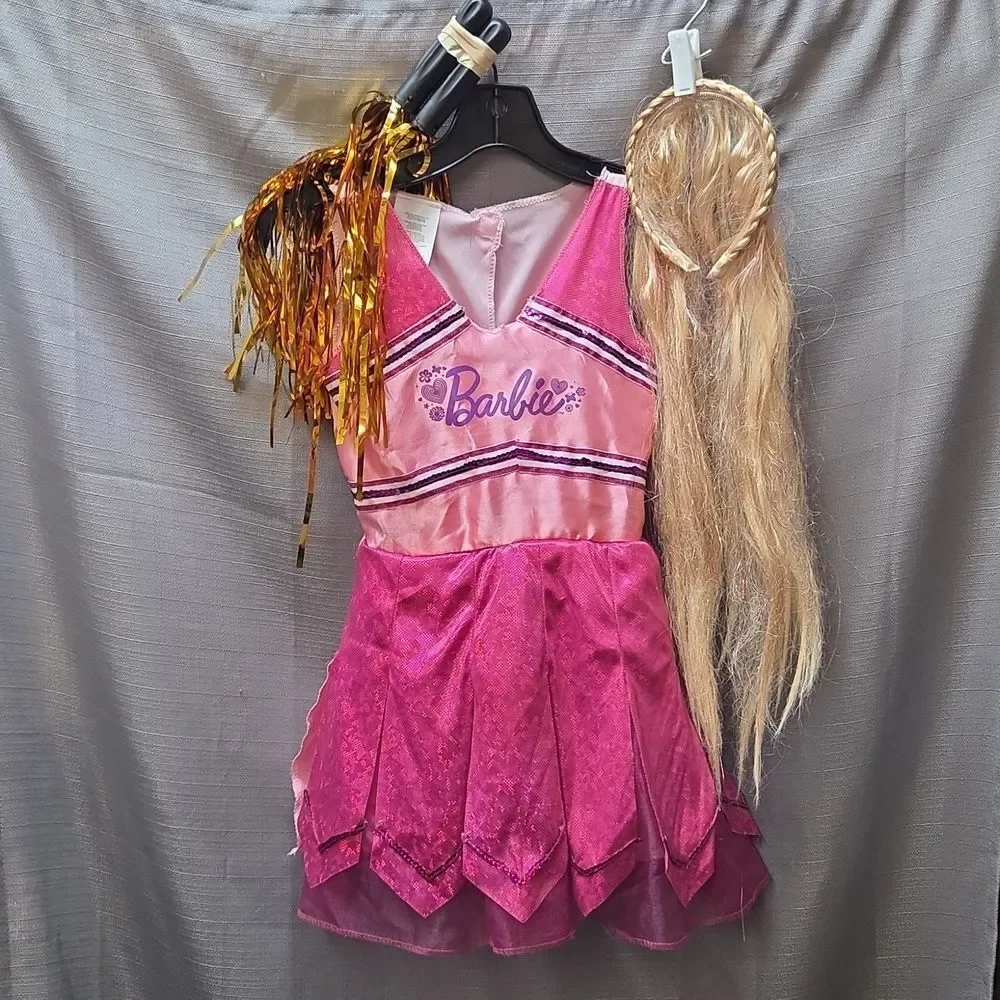 Fantasy Play Barbie Pink Cheerleader Childs‎  Dress Sz 4-6,  Pom Poms , Headband